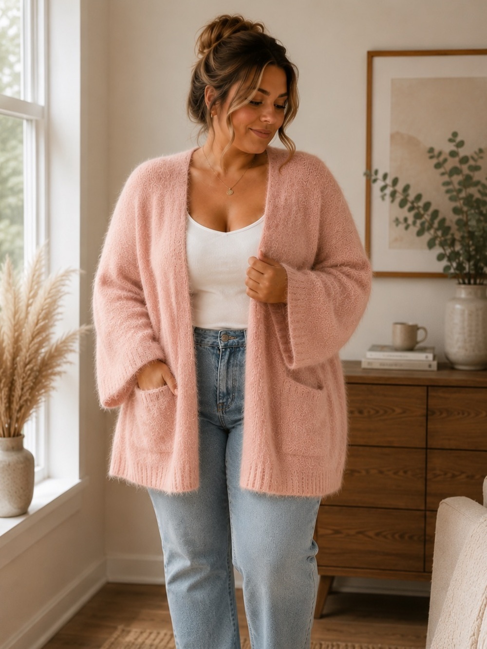 Handmade Oversized Blush Pink Fuzzy Cardigan | Angora | Open Front Sweater - Picture 11 of 11